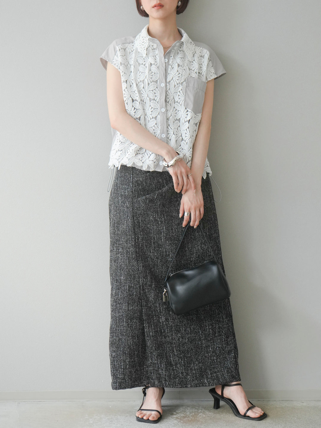 [予約]サマーツイードタックサイドスリットスカート/ブラックホワイト