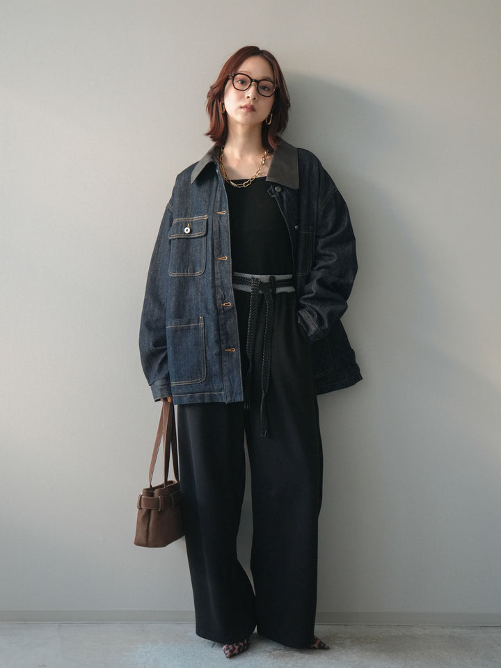 [予約]編み込みベルト付きウエスト配色スエットパンツ/black