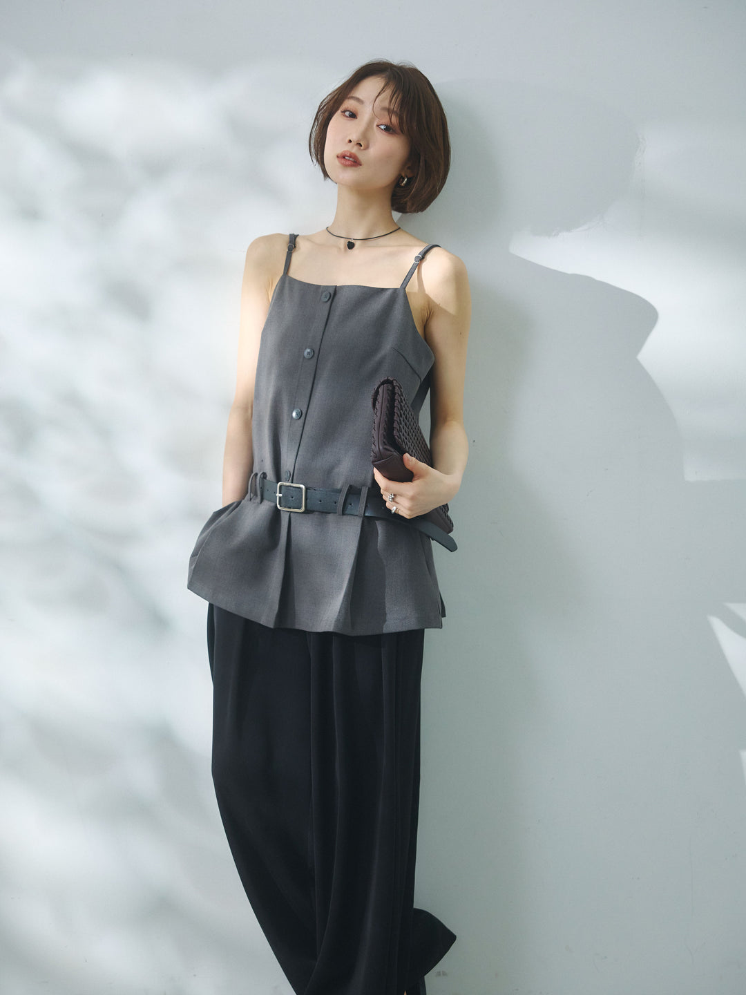 【Allure】[SET]ベルト付テーラードキャミソール+エステルツイルタックワイドパンツ(2set)