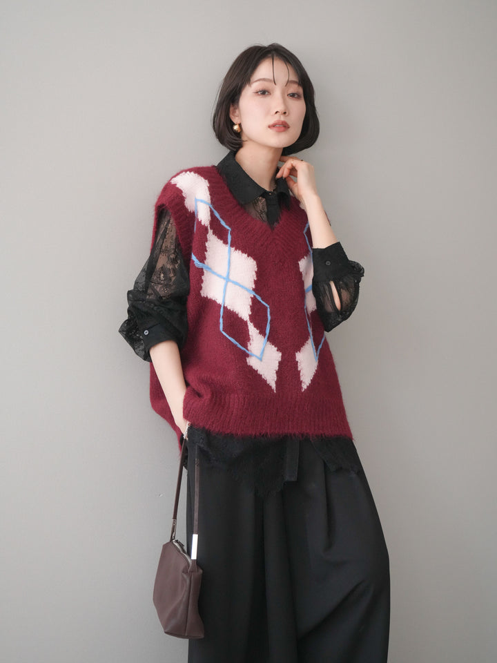[SET]アーガイルVネックニットベスト+選べるアクセセット(2set)