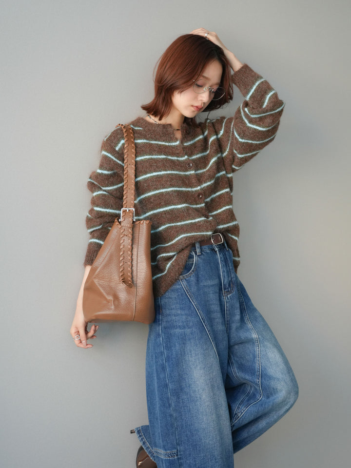 [予約]ボーダーシャギーニットカーディガン/brown