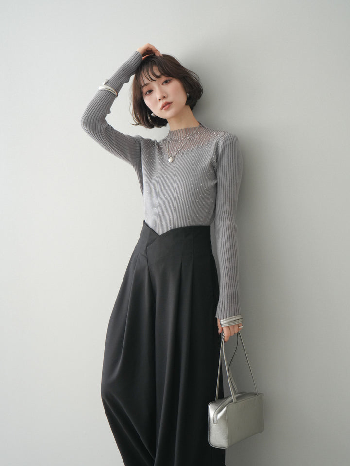 [予約]シアー切替スパンコールリブニットトップス/gray