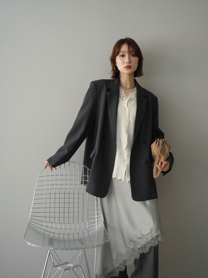 [SET]ダブルブレストオーバージャケット+レースネックジャガードニットカーディガン(2set)