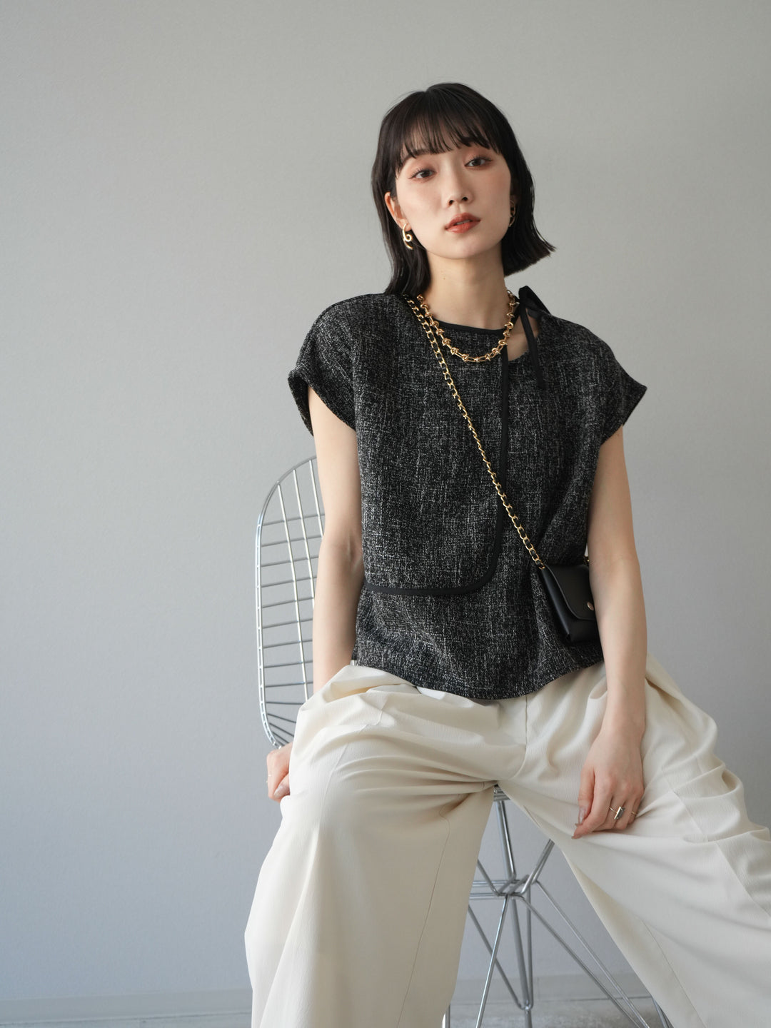 [SET]サマーツイードケープデザインプルオーバー+クレープシフォンタックワイドパンツ(2set)