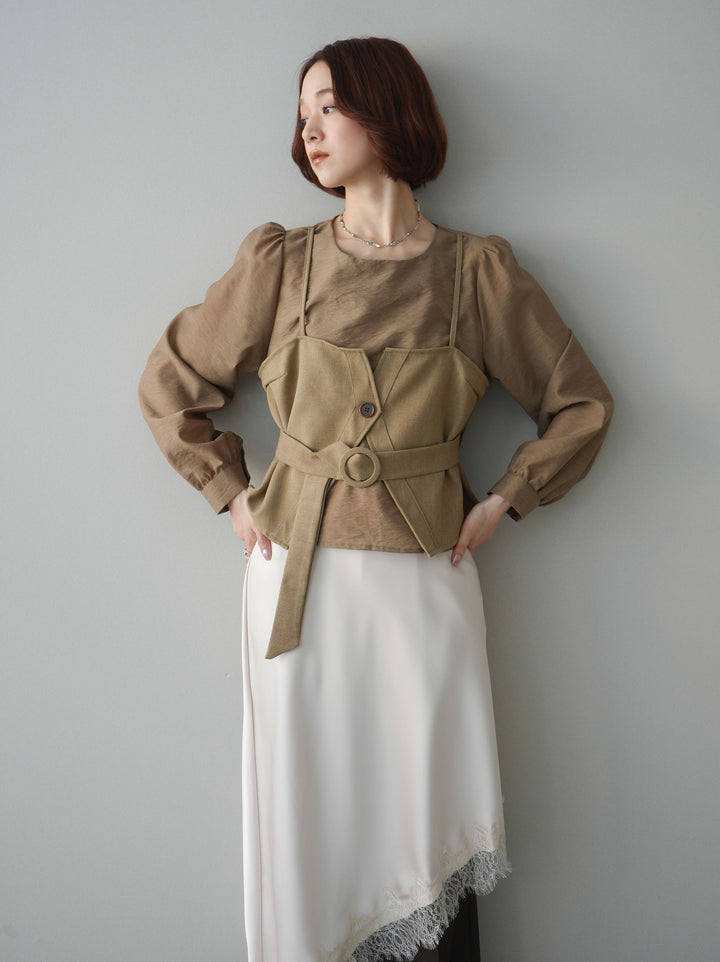 [SET]異素材ビスチェドッキングブラウス+センターシームフレアパンツ+サテンライクアシメレーススカート(3set)