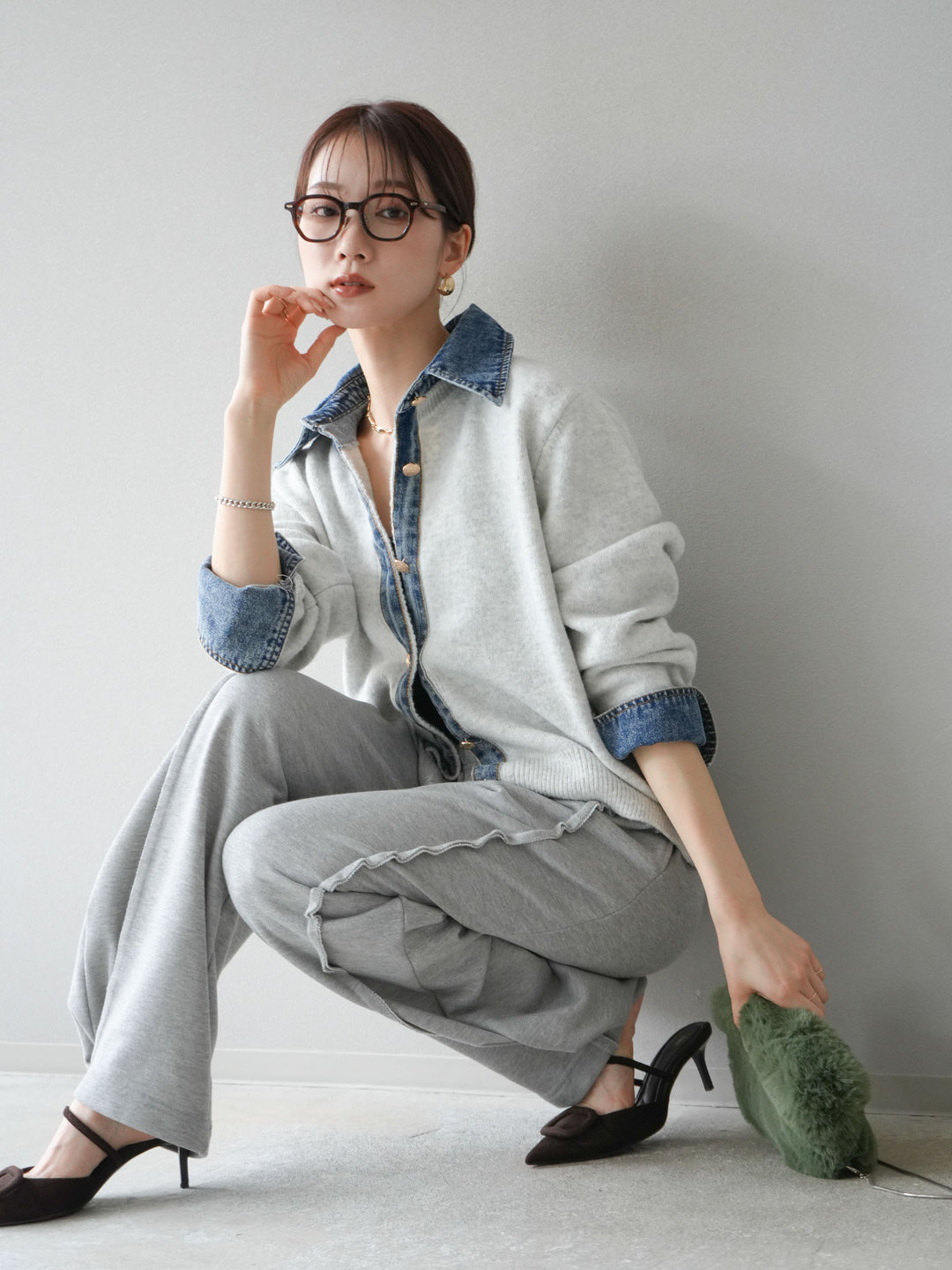 【着回しセット】[SET]デニム襟ボタンニットカーディガン+デニム襟ボタンニットカーディガン+2WAYデザインスウェットパンツ(3set)