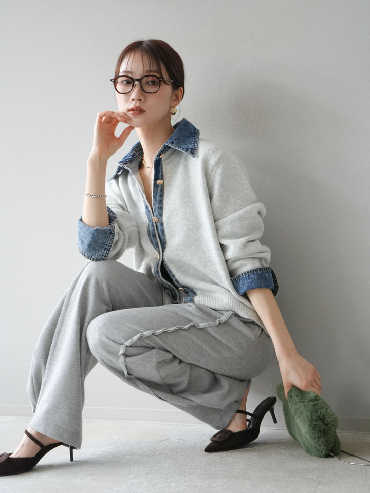 【着回しセット】[SET]デニム襟ボタンニットカーディガン+デニム襟ボタンニットカーディガン+2WAYデザインスウェットパンツ(3set)