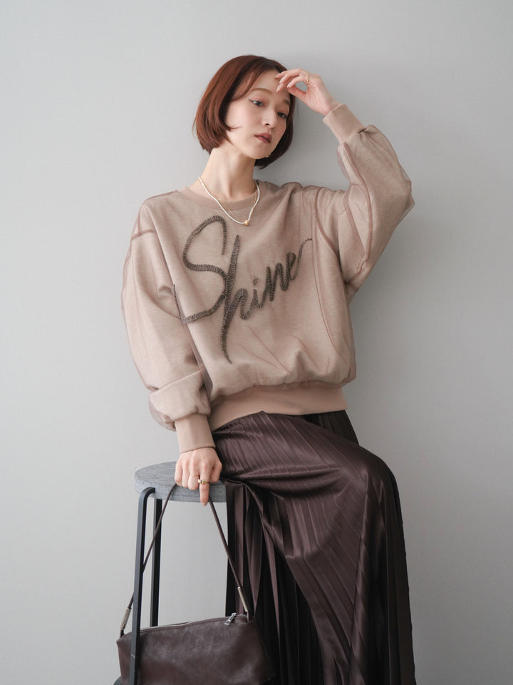 [SET]チュールレイヤードロゴスエットプルオーバー+サテンプリーツマキシスカート(2set)