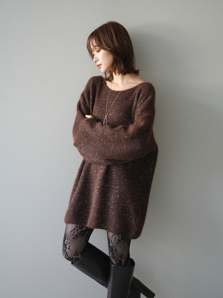 [予約]スパンコールミニシャギーニットチュニック/brown