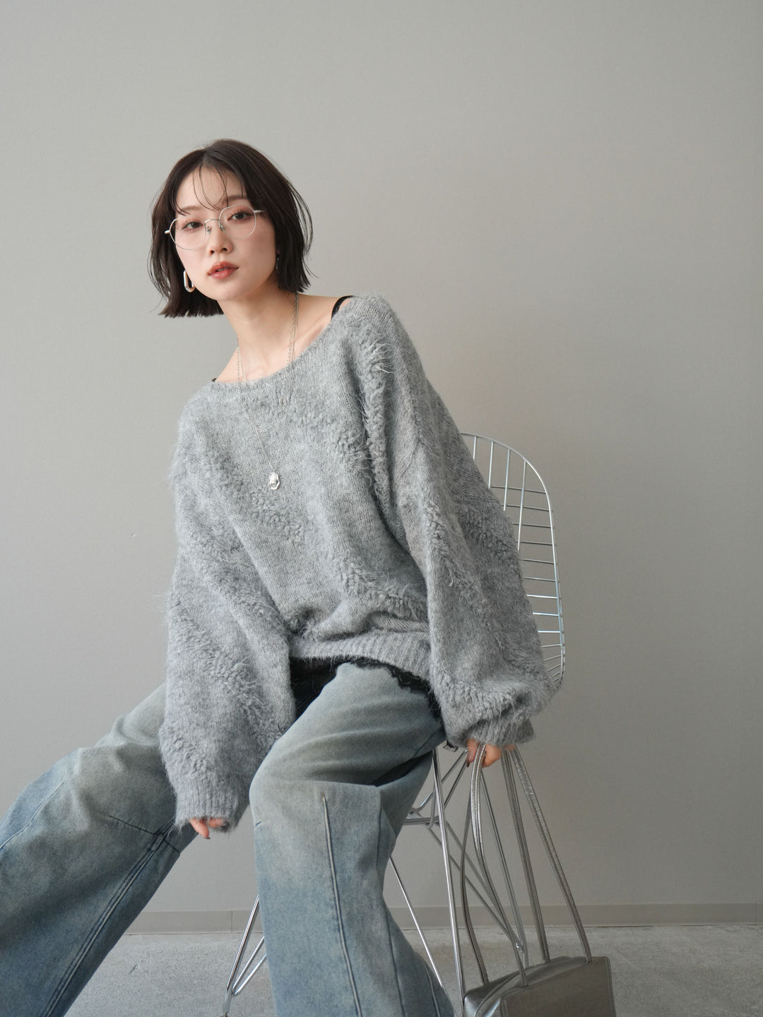 [SET]シャギーデザインニットプルオーバー+サテンレースキャミソール(2set)