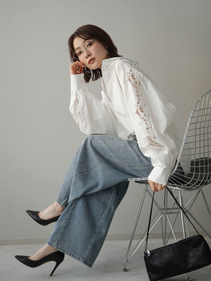[SET]アームレースブロードシャツ+フロントビジューカーブデニムパンツ(2set)