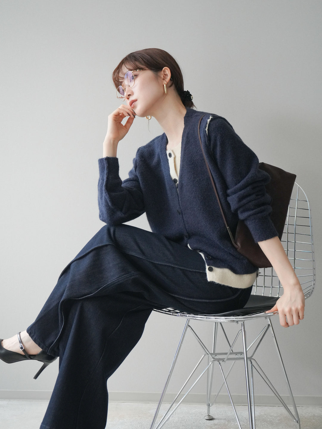 [予約]配色レイヤードニットカーディガン/navy