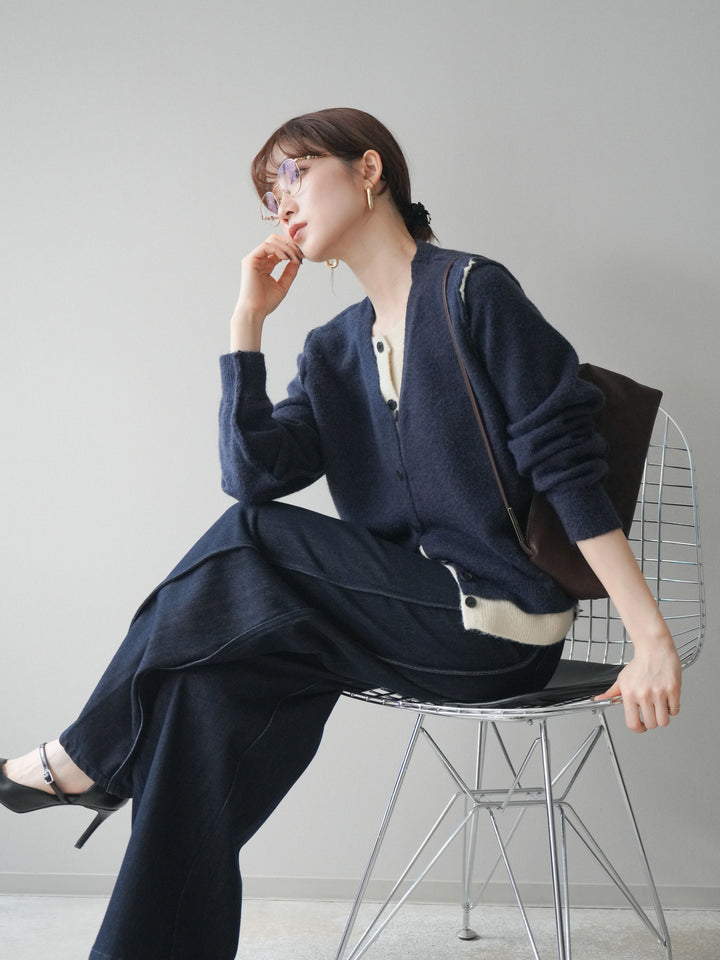[予約]配色レイヤードニットカーディガン/navy