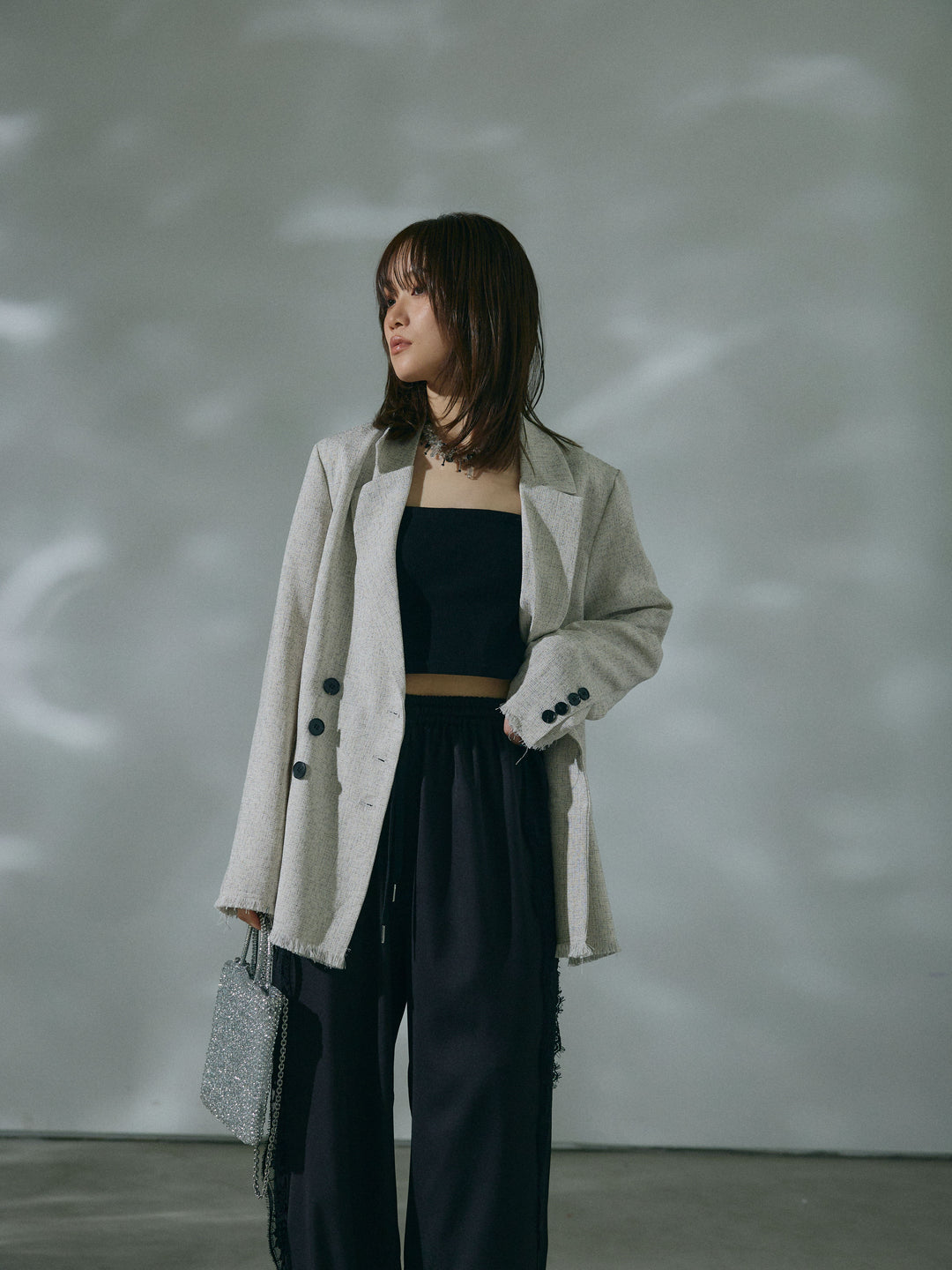 【Allure】[SET]スラブツイードフリンジテーラージャケット+サイドピンタックレースイージーワイドパンツ(2set)