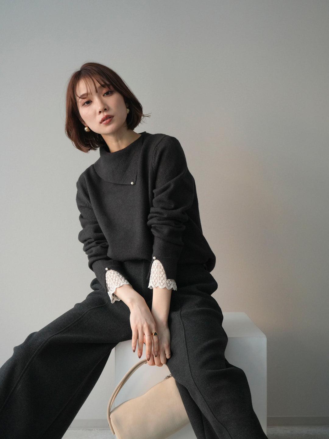 [予約]袖レースパール付き配色ニットトップス/darkbrown