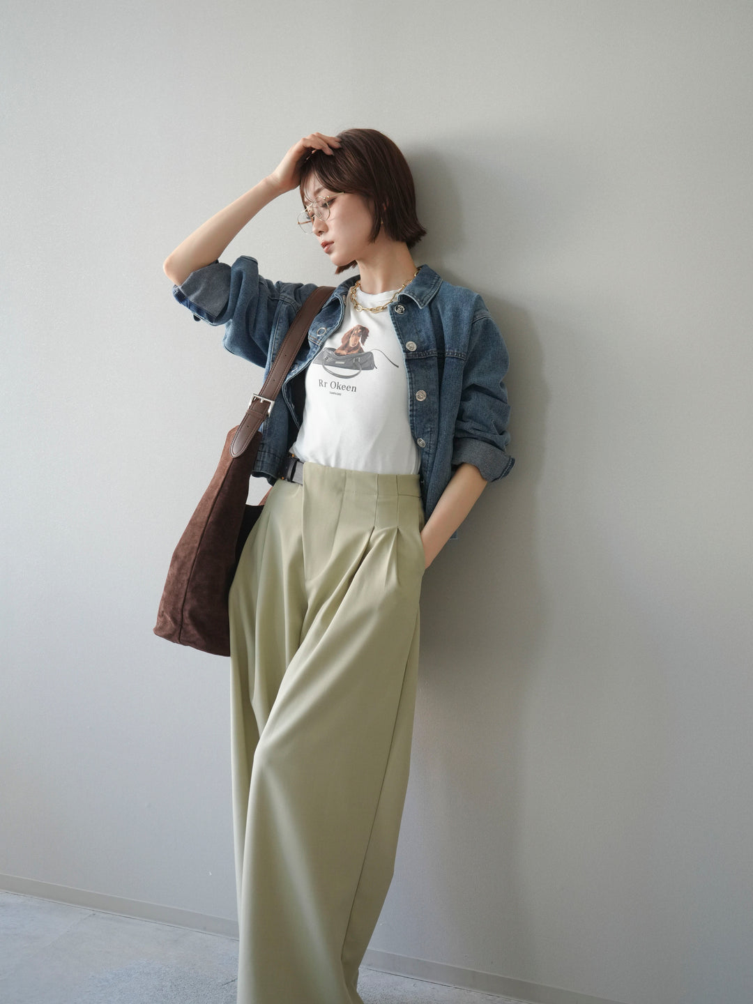 [SET]ラウンドカットコンパクトデニムジャケット+ドッグコンパクトTEE+アシンメトリーベルトタックワイドパンツ(3set)