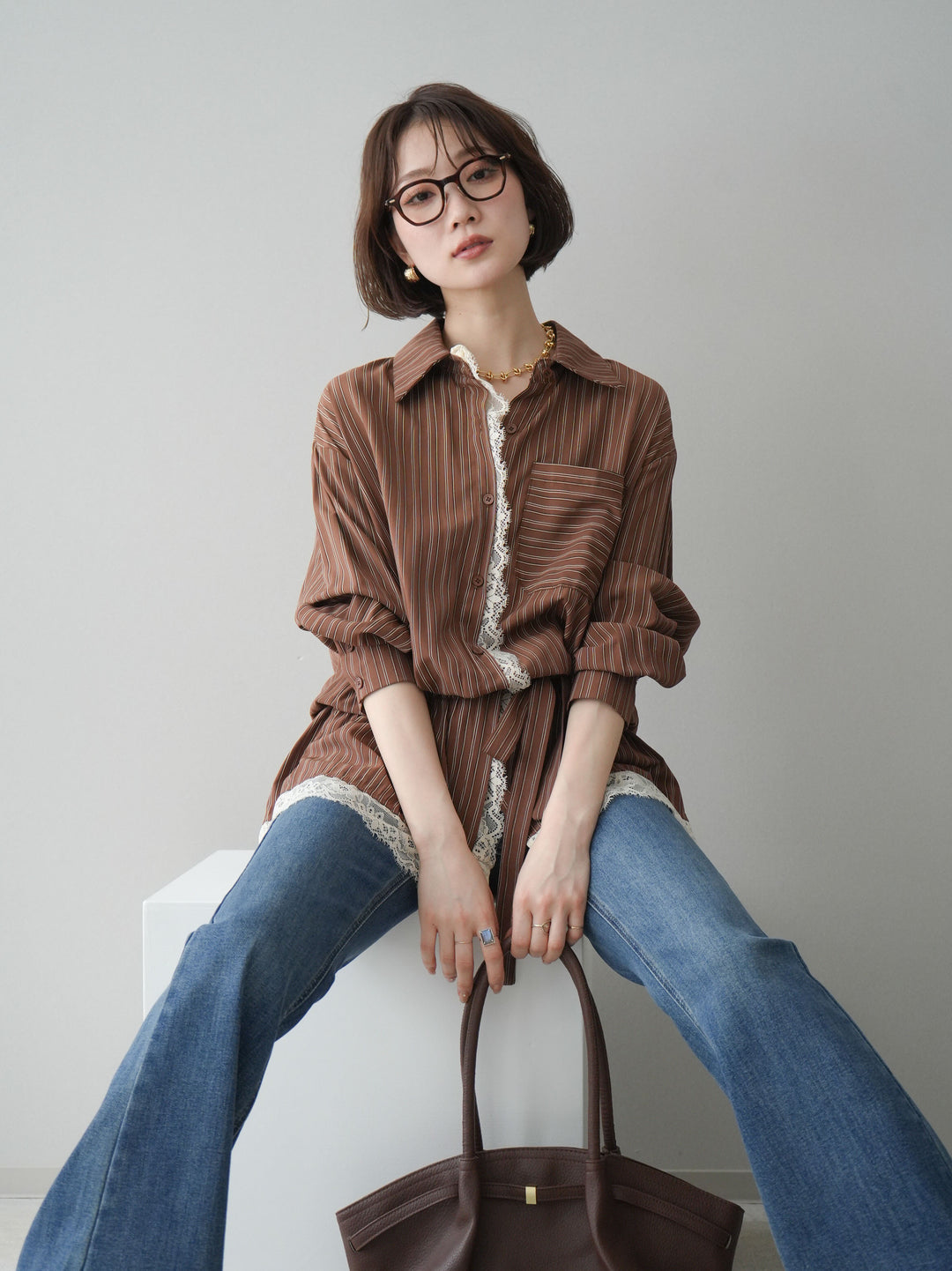 [SET]レース付ストライプウエストギャザーシャツ+フリンジデザインセミフレアデニム(2set)