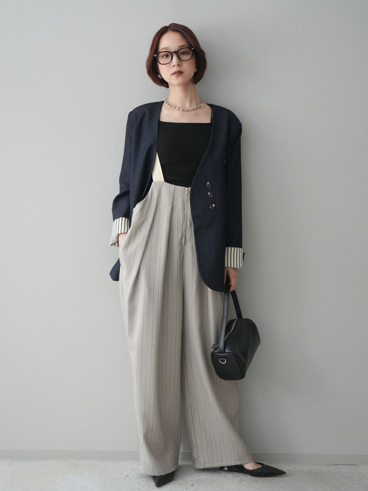 [予約]グログランテープストライプサロペット/greige