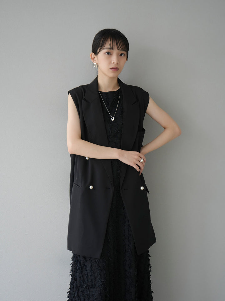 [Pre-order] Fringe Jacquard Stretch Sleeveless Dress/Black