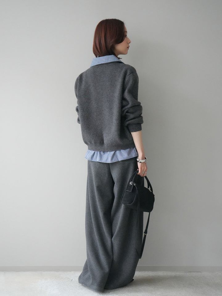 [SET]チェックシャツ襟ニットカーディガン+編み込みベルト付きウエスト配色スエットパンツ(2set)