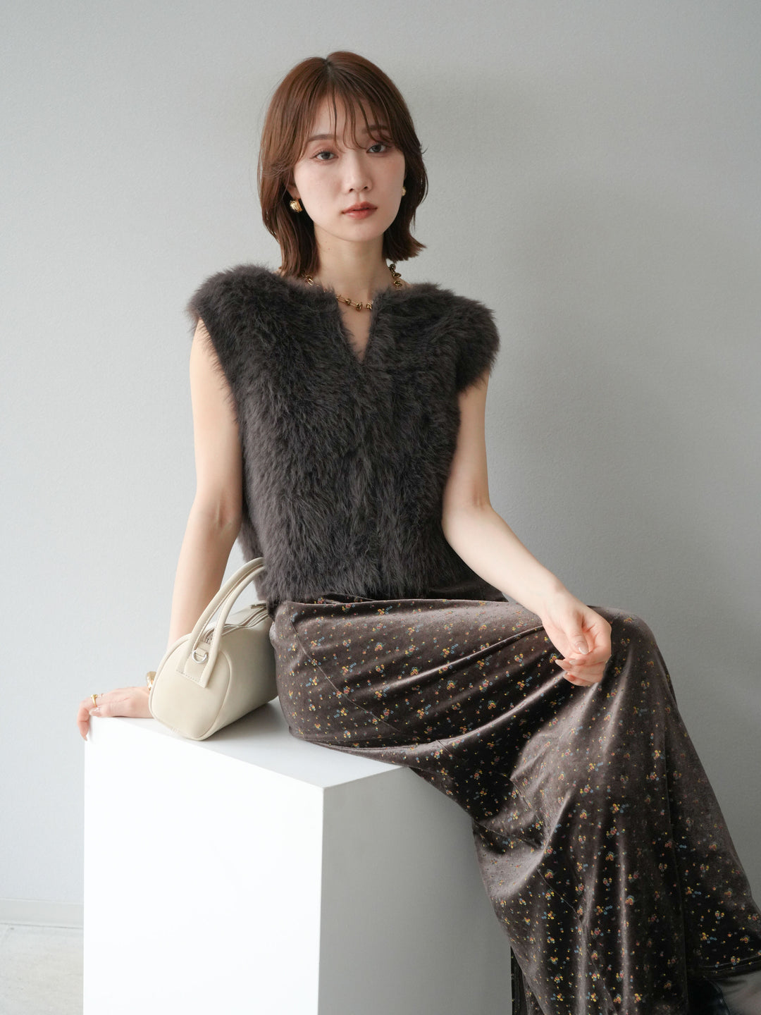 [予約]ミンクライク前後2WAYショートジレ/ブラウン