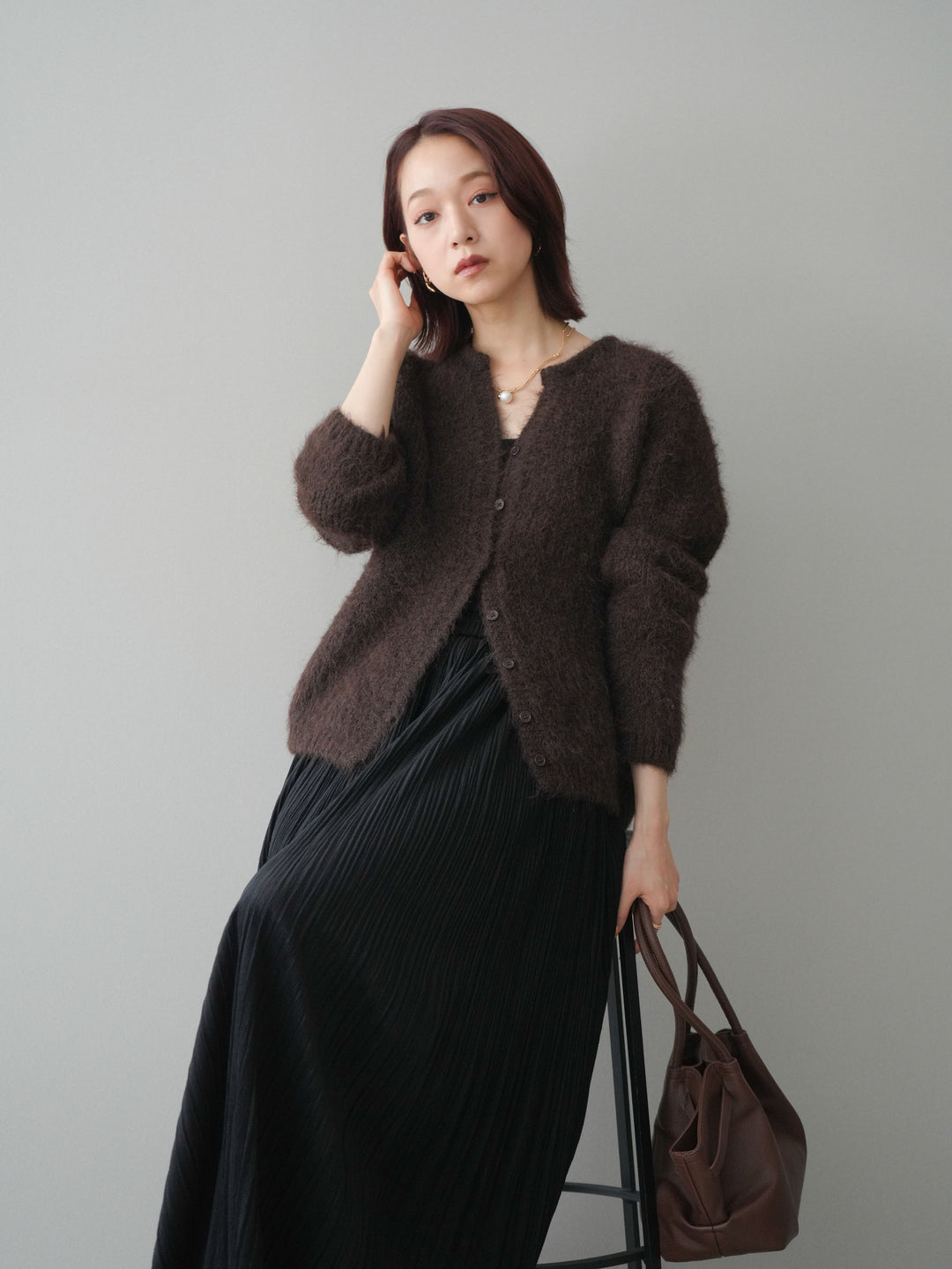 [予約]キーネックシャギーニットカーディガン/brown