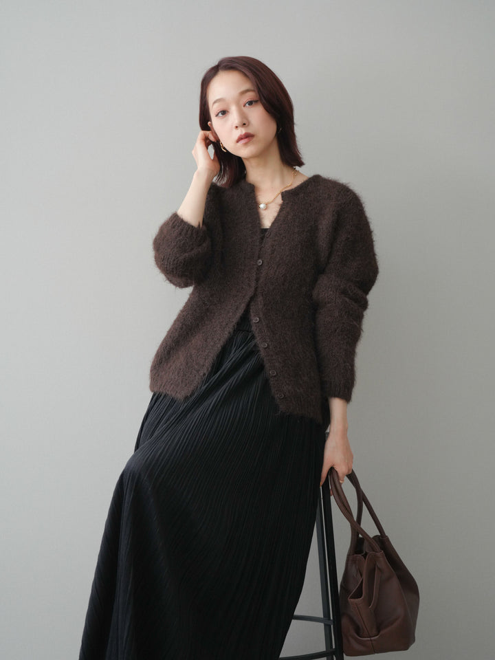 [予約]キーネックシャギーニットカーディガン/brown