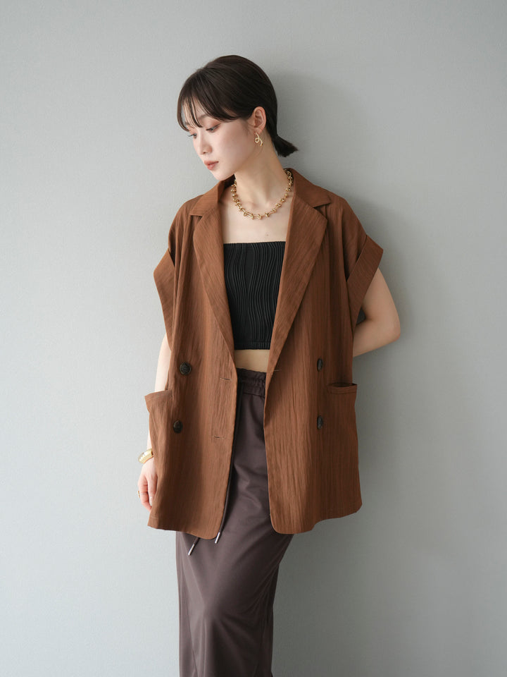 [SET]リネンライクノースリーブダブルジレ+ウェーブパイピングカップ付ベアキャミソール(2set)