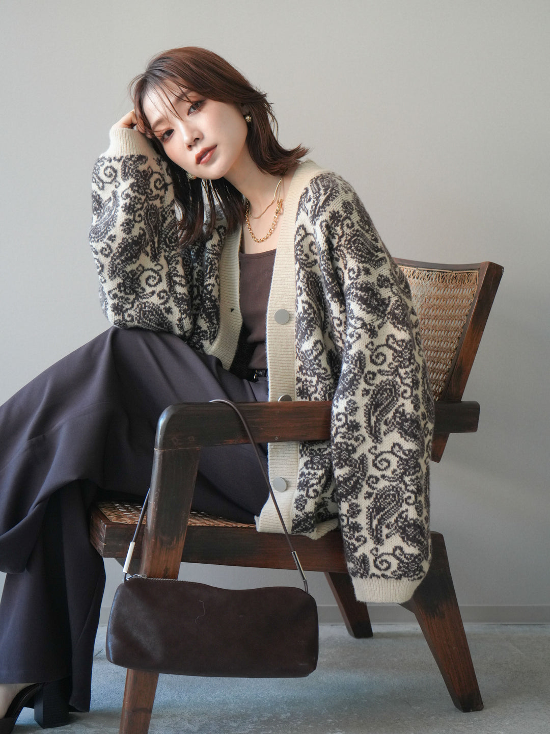 [予約]ペイズリー柄ニットカーディガン/brown