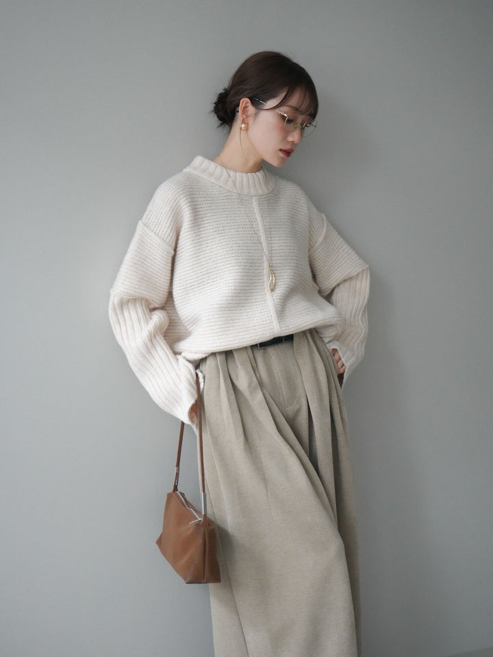 [SET]編み地切替ボトルネックニットプルオーバー+ベルトデザインループコールテンワイドパンツ(ベルト付き)(2set)