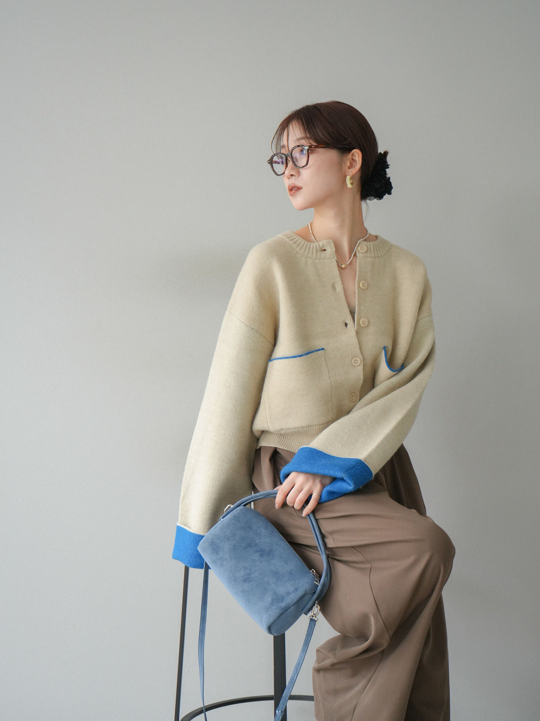 【SET】雙色針織開襟衫+褶襉設計寬褲（2套）