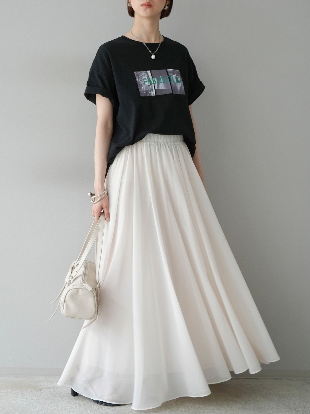 [SET]ネオンロゴコラージュフォトプリントオーバーTシャツ+シフォンフレアスカート(2set)