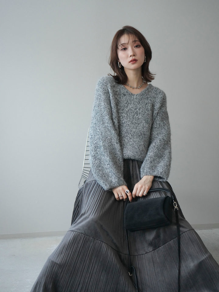 [SET]Vネックミックスヤーンニットプルオーバー+選べるアクセセット(2set)