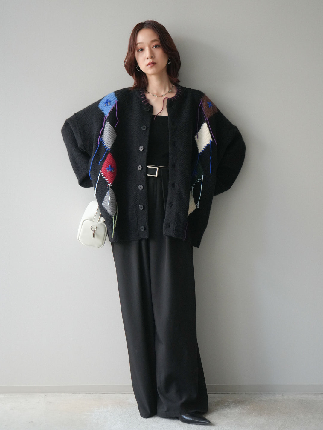 [SET]ハンドステッチアーガイルデザインニットカーディガン+ベルトループデザインワイドパンツ(2set)