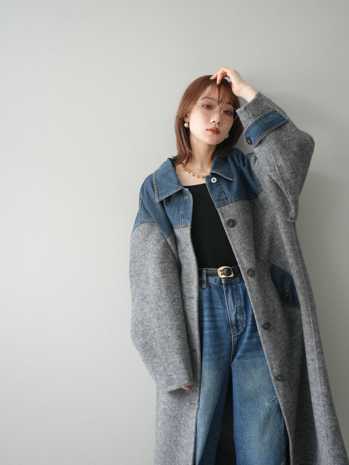 [SET]デニム切替シャギーステンカラーコート+選べるアクセセット(2set)