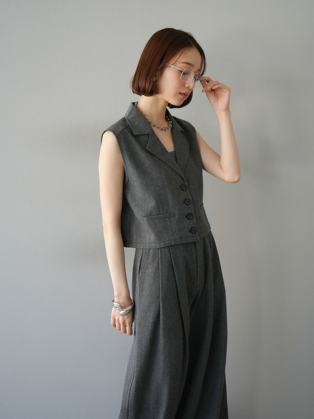 [予約]ツイードタッチテーラードジレ/ダークグレー