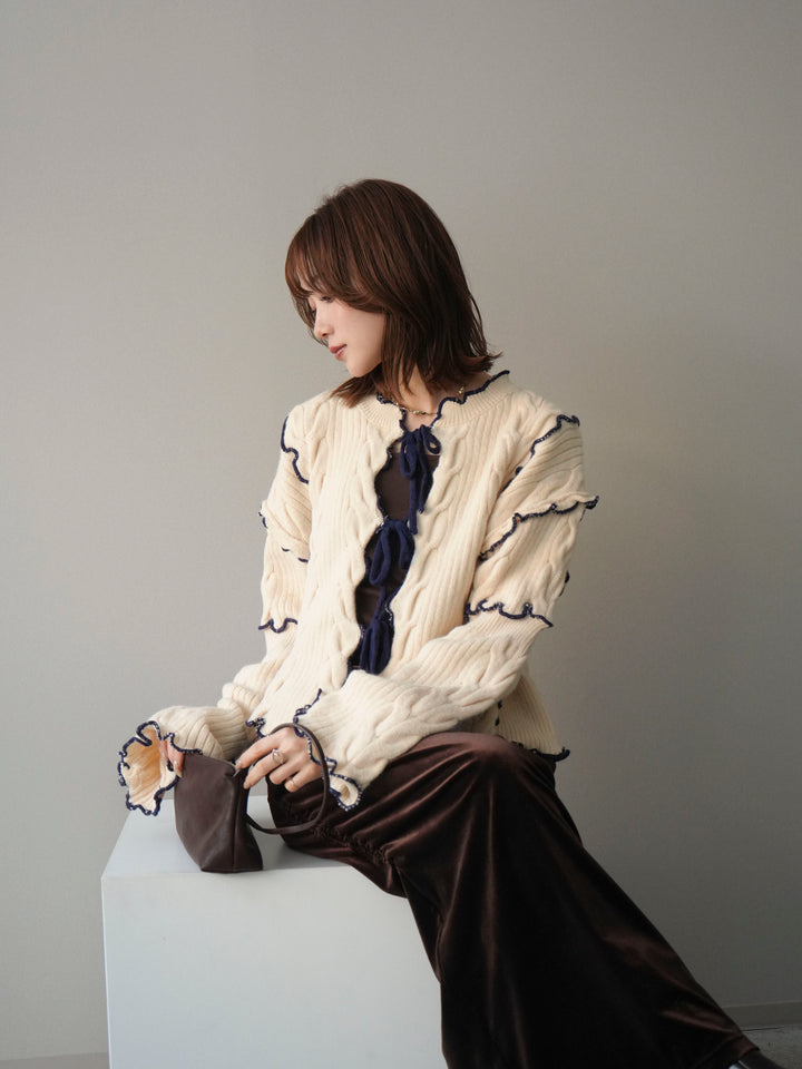 [予約]フロントリボン配色メローニットカーディガン/ivory
