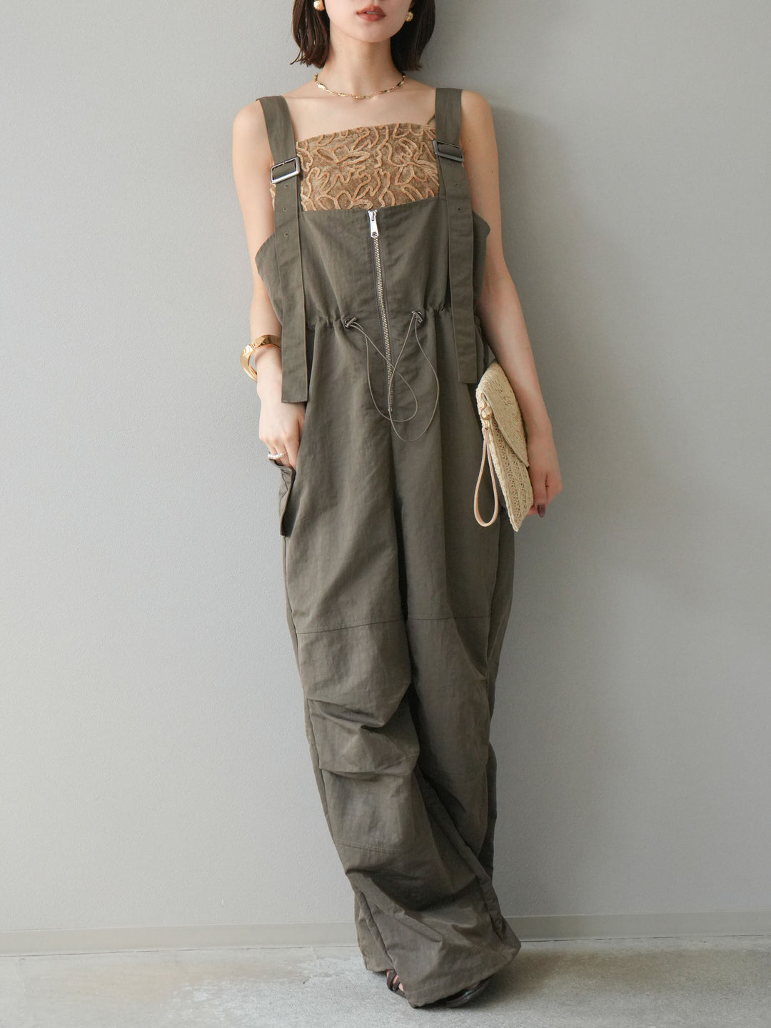 [予約]ナイロンタックデザインサロペット/カーキ