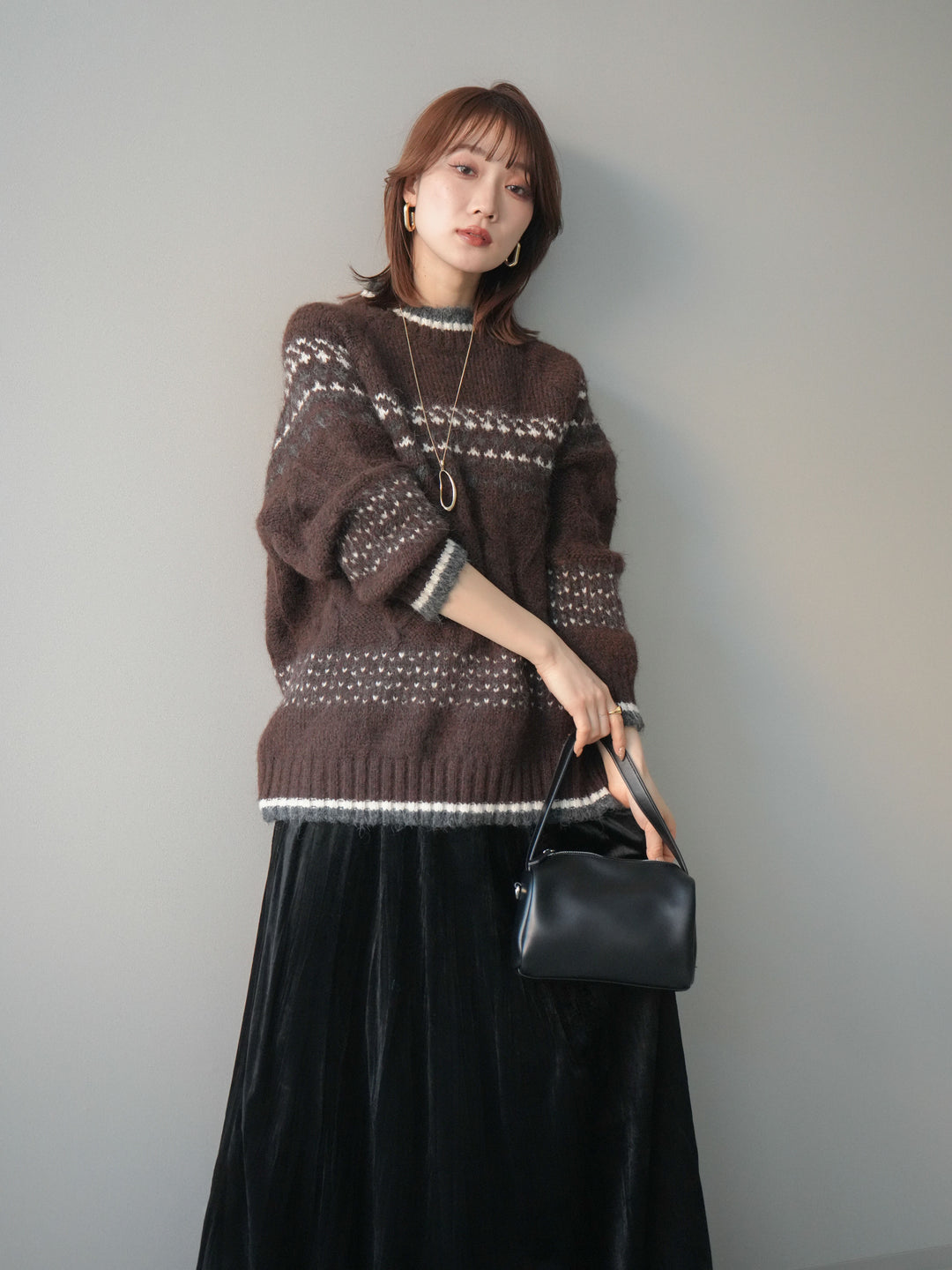 [予約]裾配色ノルディック柄ニットプルオーバー/brown