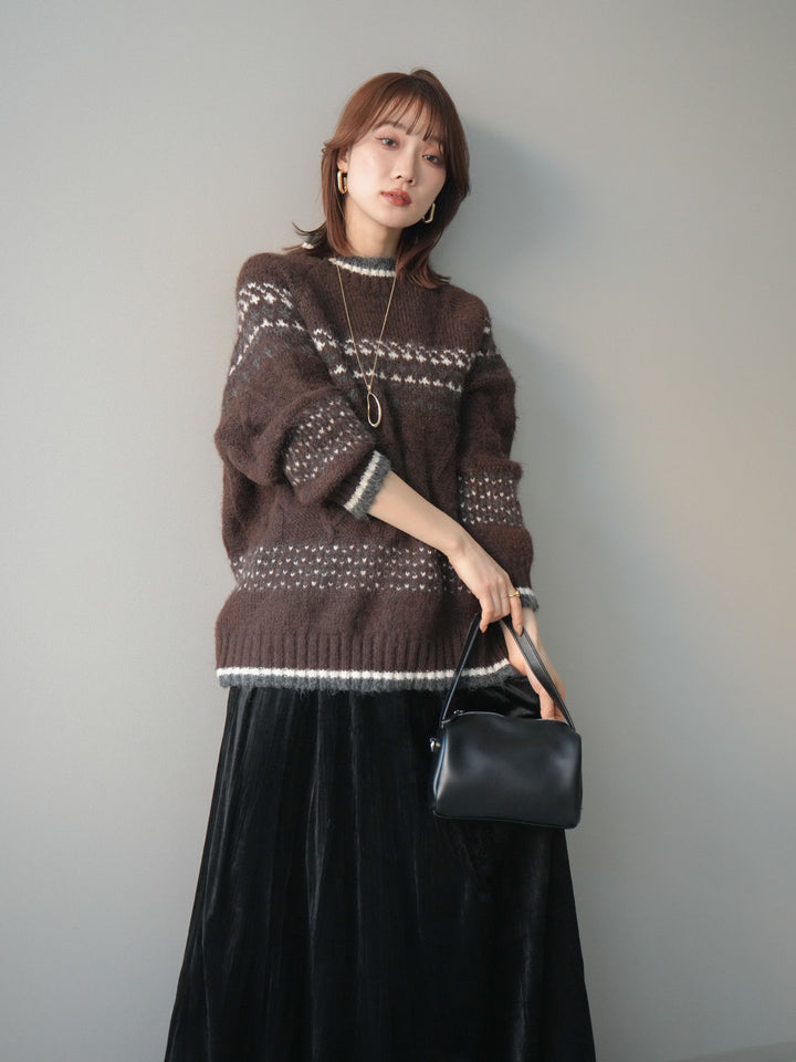 [予約]裾配色ノルディック柄ニットプルオーバー/brown