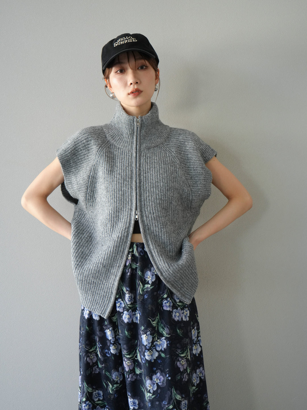 [予約]ダブルZIPハイネック畦編みニットベスト/杢グレー