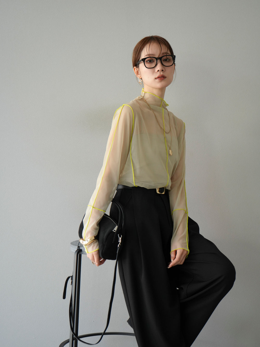 [予約]シアーパイピングカットソー/ピスタチオ×イエロー