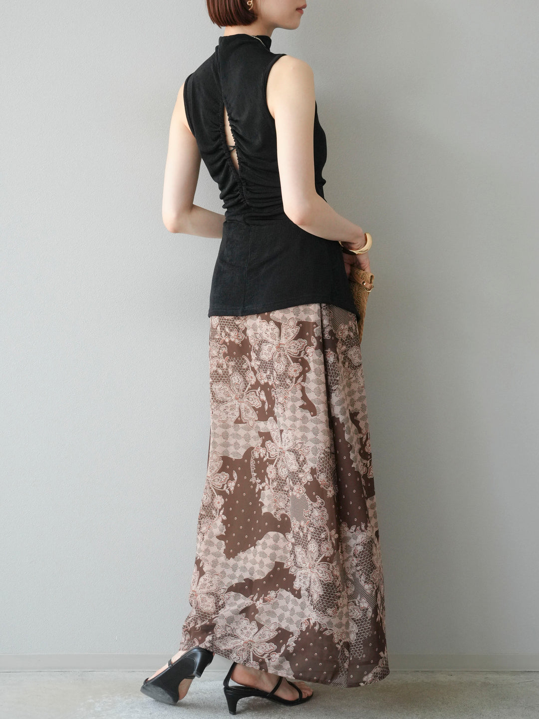 [予約]フラワーパターンフレアスカート/ブラウン