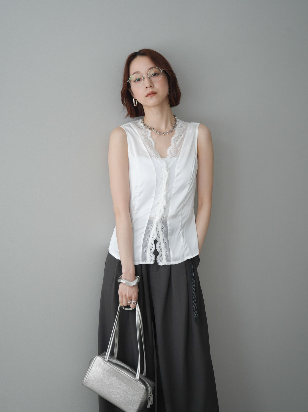 [予約]ノースリサテンレースキャミソール/white