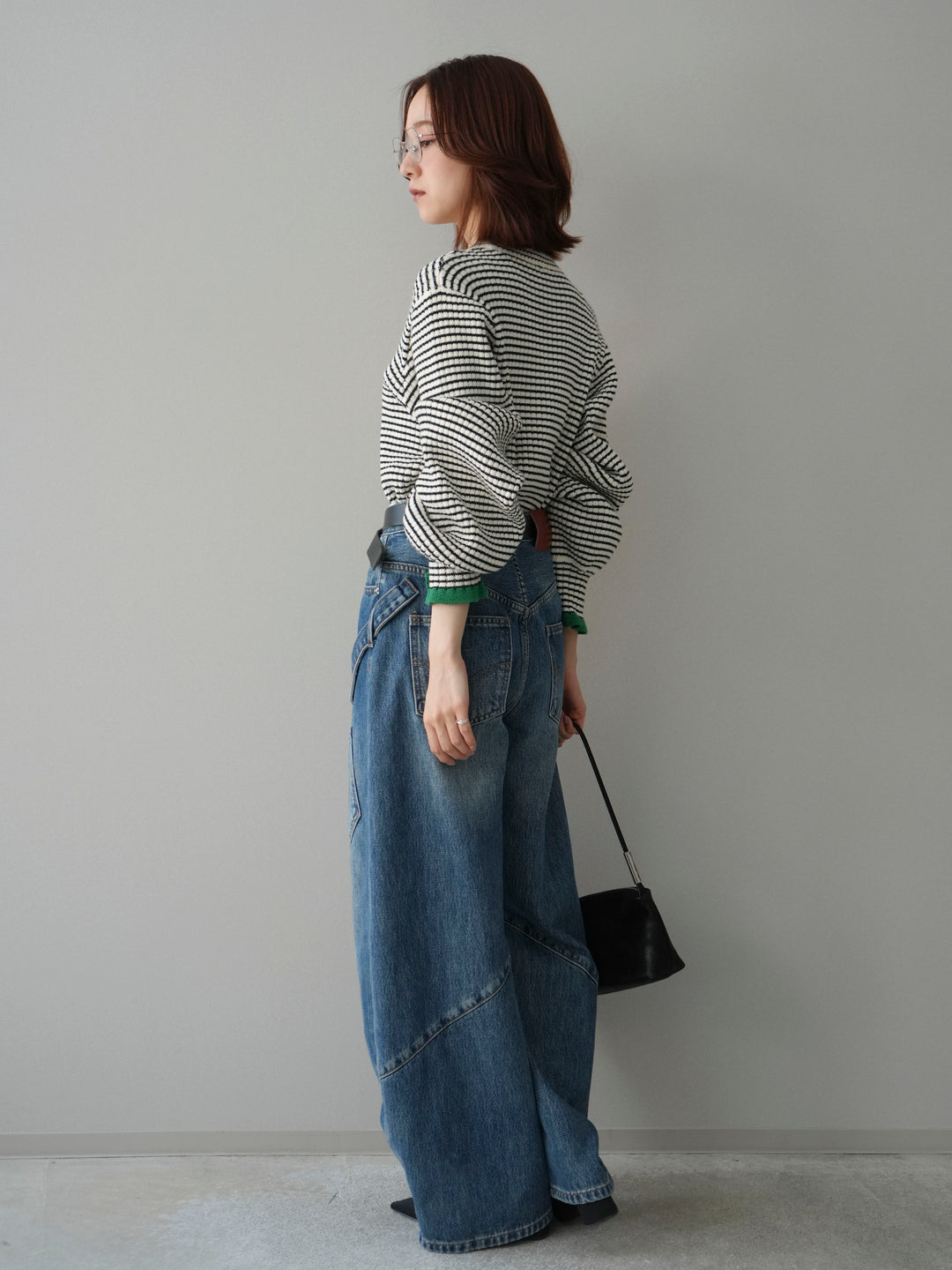 [SET]ラメ異素材ボーダーリブニットプルオーバー+ペインターカーブデニムパンツ(2set)