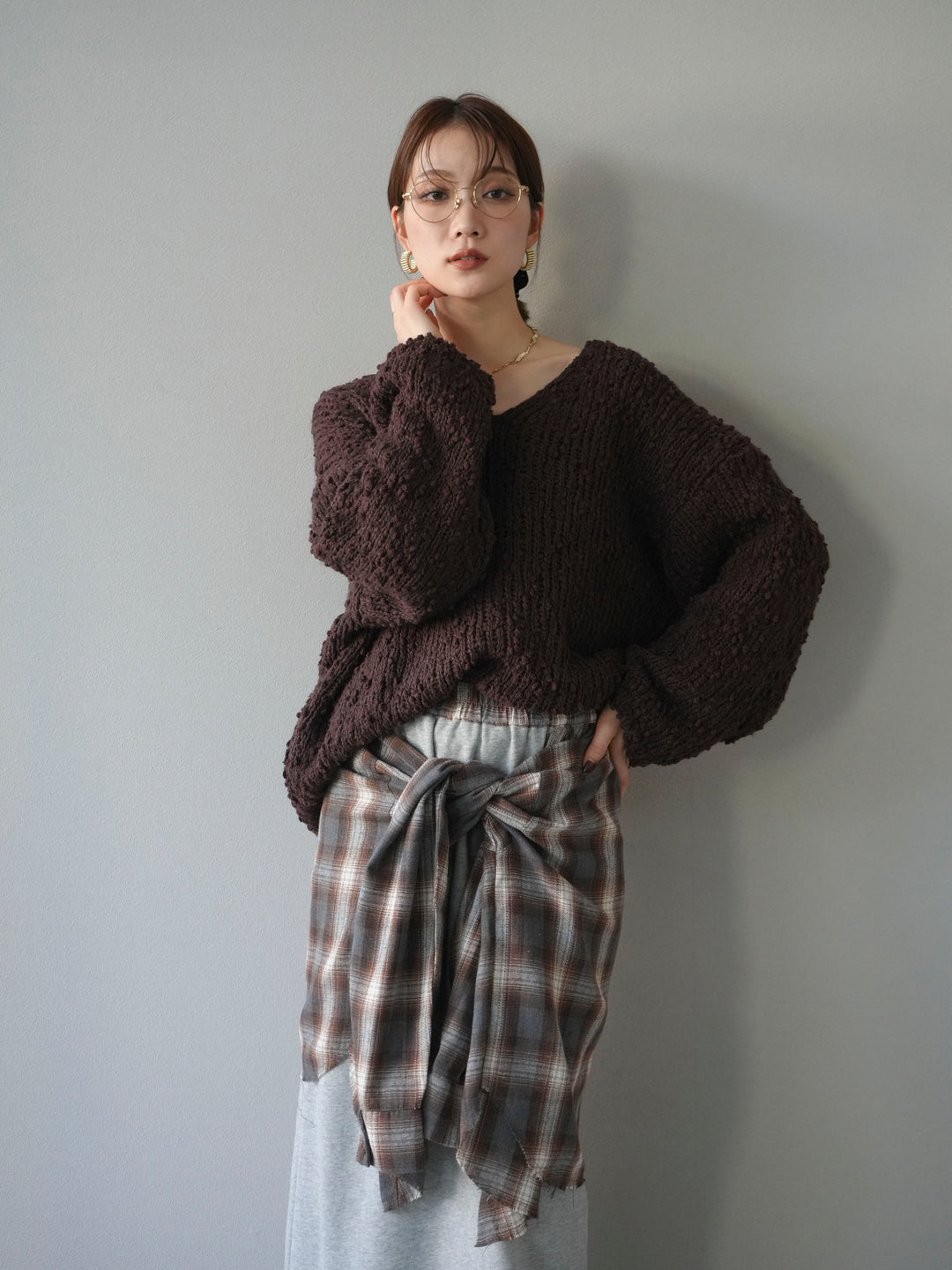 [予約]メランジポコポコニットプルオーバー/brown