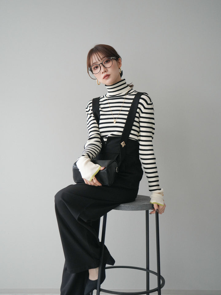 [SET]袖配色ハイネックボーダーリブニットトップス+選べるアクセセット(2set)