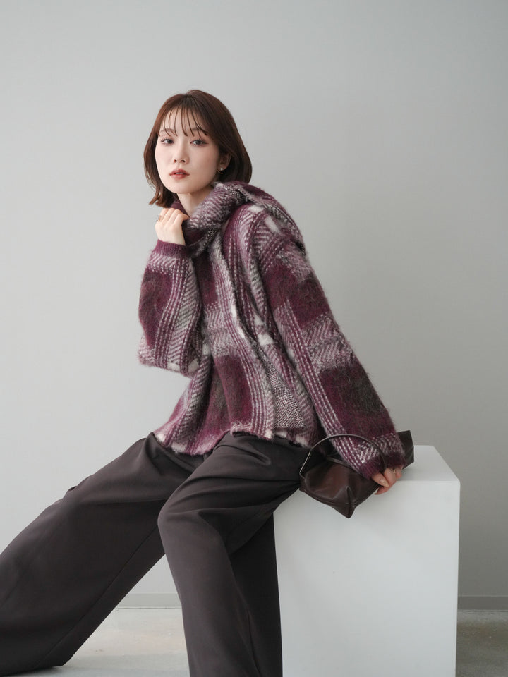 [予約]ストール付シャギーチェックニットプルオーバー/red