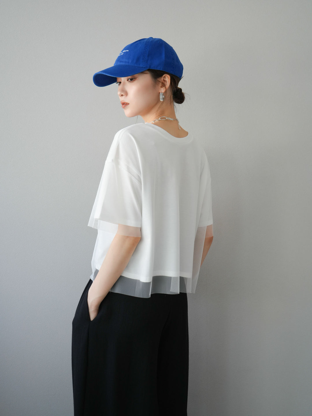 [予約]チュールドッキングフォトTシャツ/オフホワイト×ブルー