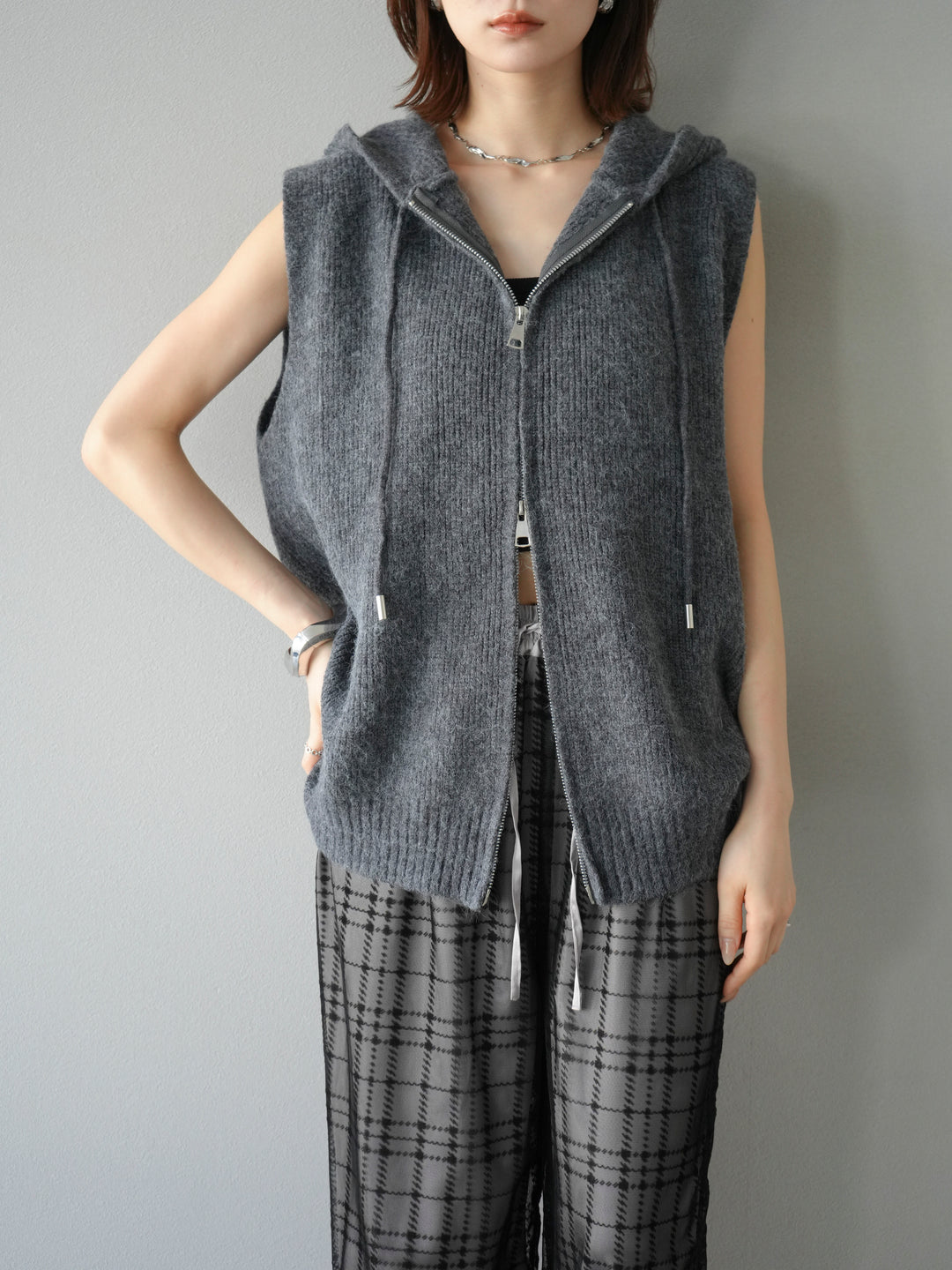 [予約]ノースリーブニットパーカー/グレー